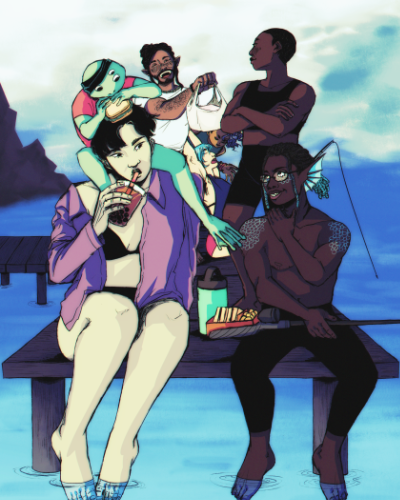 A digital drawing of characters from the game Blaseball. Two of them sit next to each other, one with a drink while the other holds a fishing pole, one hand rubbing against his neck. A frog with three eyes and an eyepatch sits on the shoulders of the person holding a drink, Behind them,multiple people are talking while showing off the food they brought, as well as fishing themselves. The sky is cloudy, blending into the lake that they are fishing in.