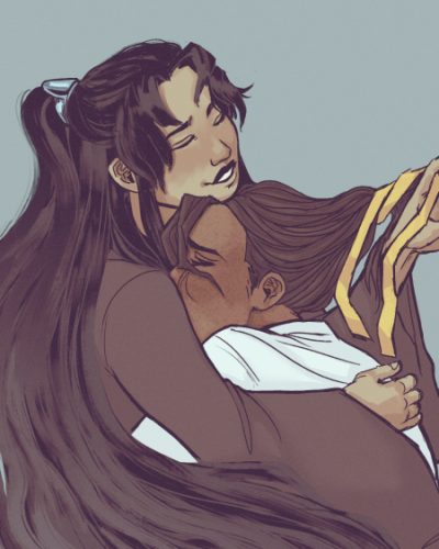 A digital drawing of Feng Xin and Mu Qing from Tian Guan Ci Fu embracing each other. Feng Xin has his face hidden partially into Mu Qing’s shoulder, while Mu Qing takes out Feng Xin’s hair ribbon. Both are in their underlayers.