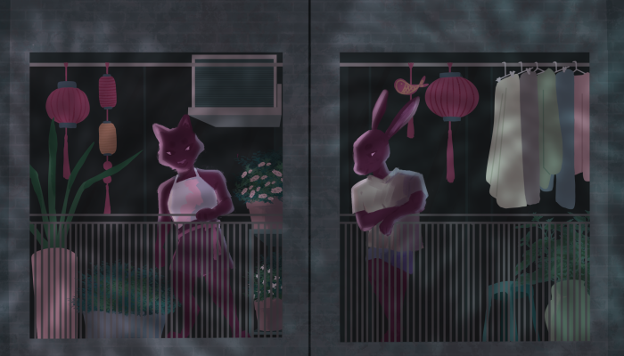 A digital drtawing of a black cat and rabbit drawn for the year of the water rabbit and cat, standing outside their balconies watching fireworks.