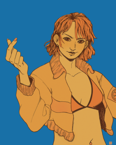 A digital drawing of Nami from One Piece. She is wearing a cropped jacket with an orange fruit patch on the left sleeve, over a cropped fitting top with a v neckline. She is making a finger heart with one hand. The picture is colored in yellow and orange colors over a vivid blue background.