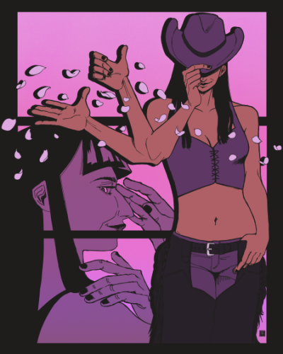  A digital drawing of Nico Robin from One Piece. She is wearing a laced top with purple pants and black leather chaps with tassels. One hand is gripping a purple cowboy hat she has tilted to hide her eyes, grin on her face. The other hand's thumb is tucked into her belt. The arm gripping her hat is sprouting two other arms that fan out, petals flowing in the wind following them. The background is a pink purple color that splits into three segments, with a closeup of Robin's face, arms crossed, resting in the boxes.