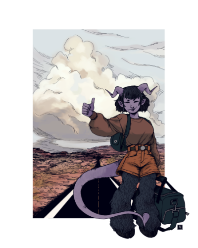 A digital drawing of a person with purple skin, horns, a tail, and cloven hooves. She is carrying a duffel bag in one hand and a backpack along her shoulders. Her right is held up to signal a car down alongside a highway in a desert. The highway stretches on into the mountains in the distance.