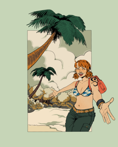 A digital drawing of Nami from One Piece in Skypiea. She is wearing a bikini top with baggy pants and a small backpack. She is grinning widely, with her arms outstretched as though to show off the surroundings. She is standing in front of a beach with many trees further back.