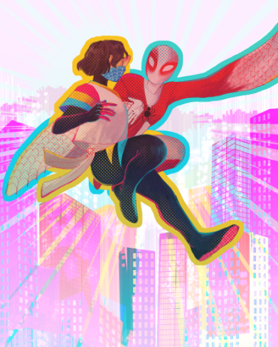 A digital drawing of two spidersonas in the air above a brightly colored city.