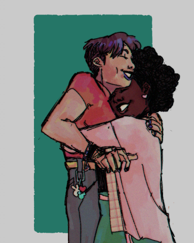 A digital drawing of two ocs embracing each other, smiling. They are wearing clothes with a teal, pink, red, and blue-grey color palette.