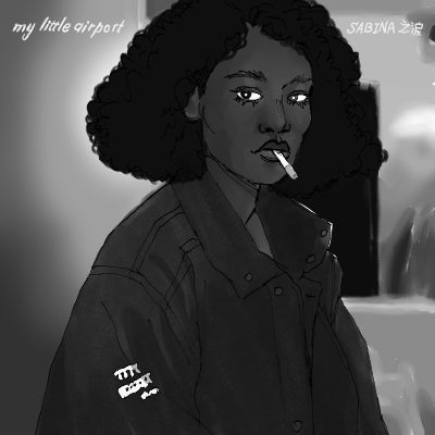 A digital drawing of a black character from the game Blaseball, drawn to look like an album cover from My Little Airport.